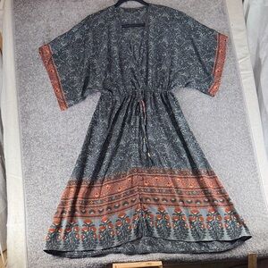 Karma Highway Floral Short Sleeve Kimono Dress Orange Gray Womens OS Boho Hippie